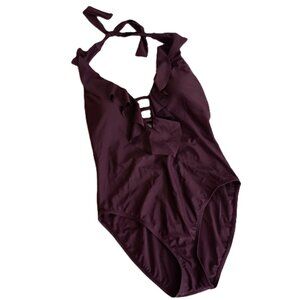 Bleu Rod Beattie Women’s Maroon Plunge Ruffle One Piece Swimsuit NWT Size 10